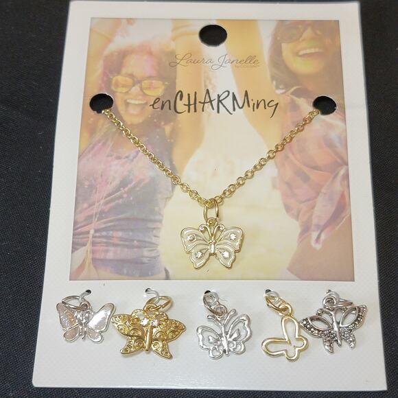 Laura Janelle Encharming Necklace‎ 6 Charms Butterfly Gold Silver Rhinestone - Picture 1 of 8